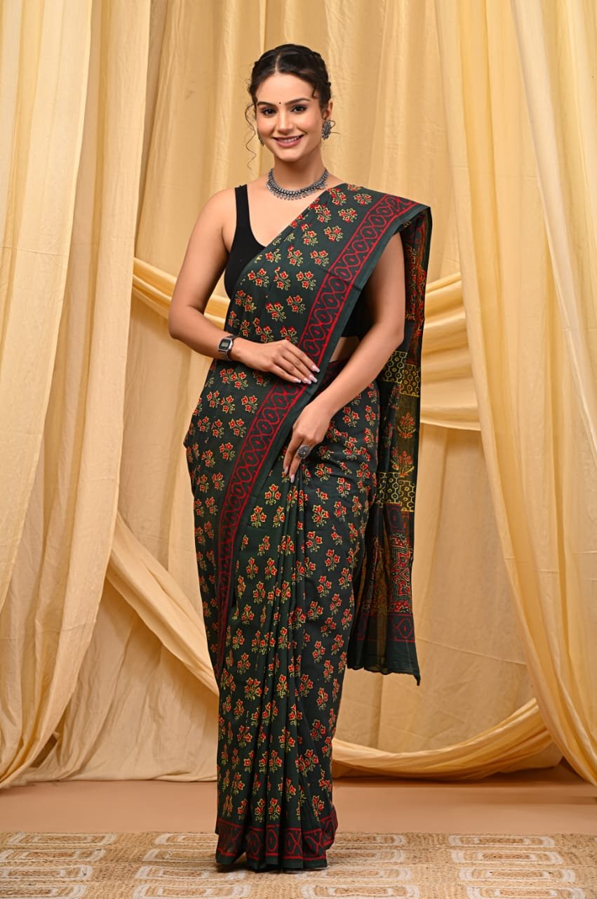 Hand Block Printed Cotton Mul Sarees Black and White image 15