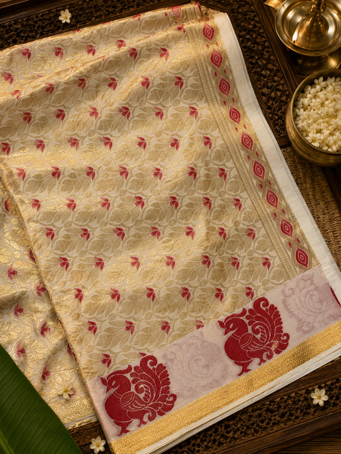 Kerala Kasavu Saree Aqua Soft Red image 4