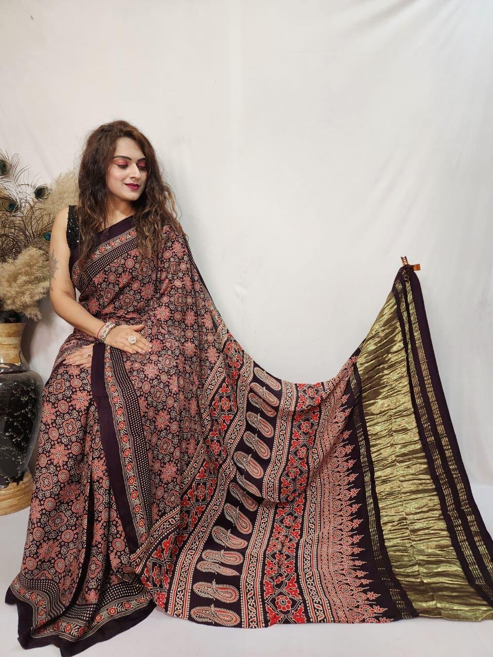 3 Pure Gajji Modal Ajrakh Saree with Lagdi patta