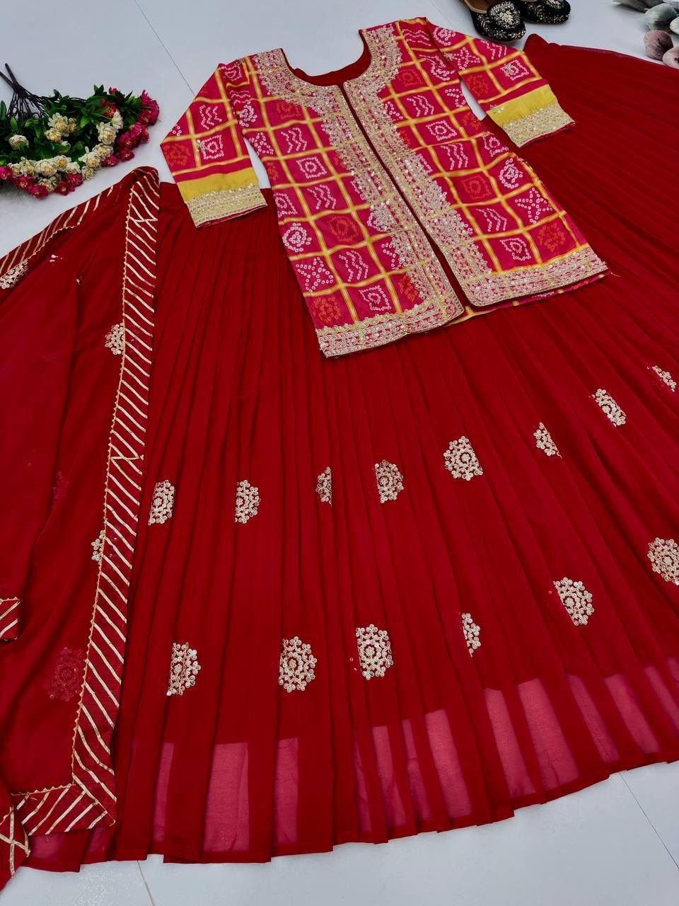 Heavy Chinon Embroidery Coding Sequence Work Top With Lehengas image 9