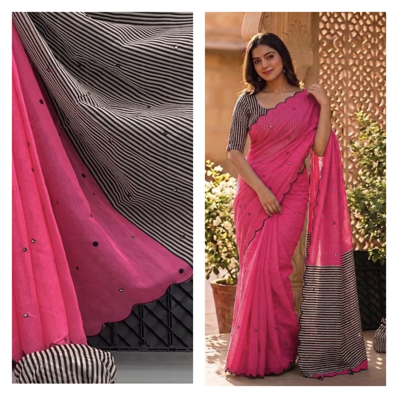 Linen Saree with Striped Pallu and Mirror Work Sarees image 10