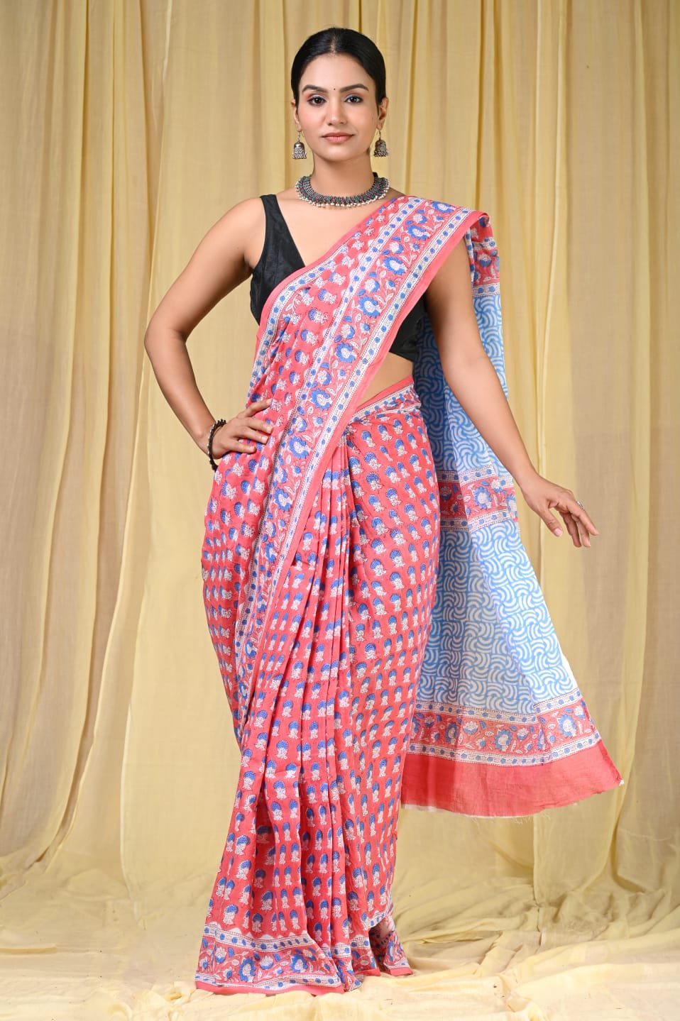 Hand block printed cotton mul Sarees Pastel
