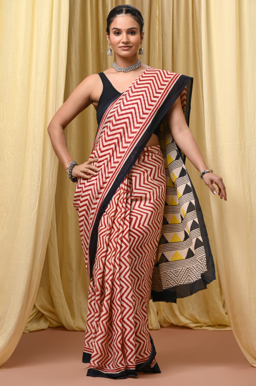 Hand Block Printed Cotton Mul Sarees Red image 7