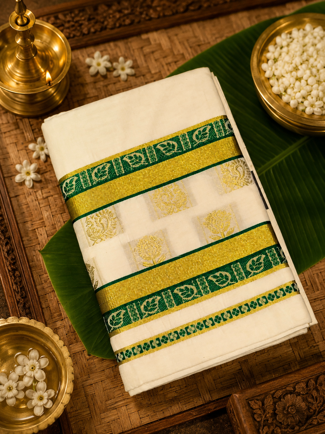 Kerala Kasavu Saree GREEN image 2