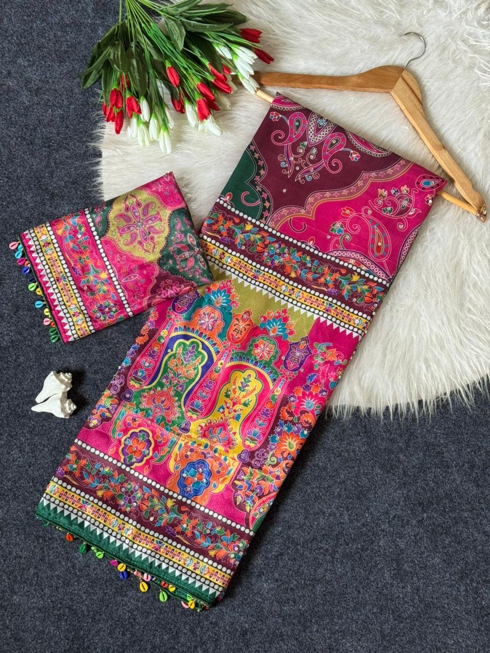 1 Roman Silk With Digital Print And All Saree Real Mirror Work image 8