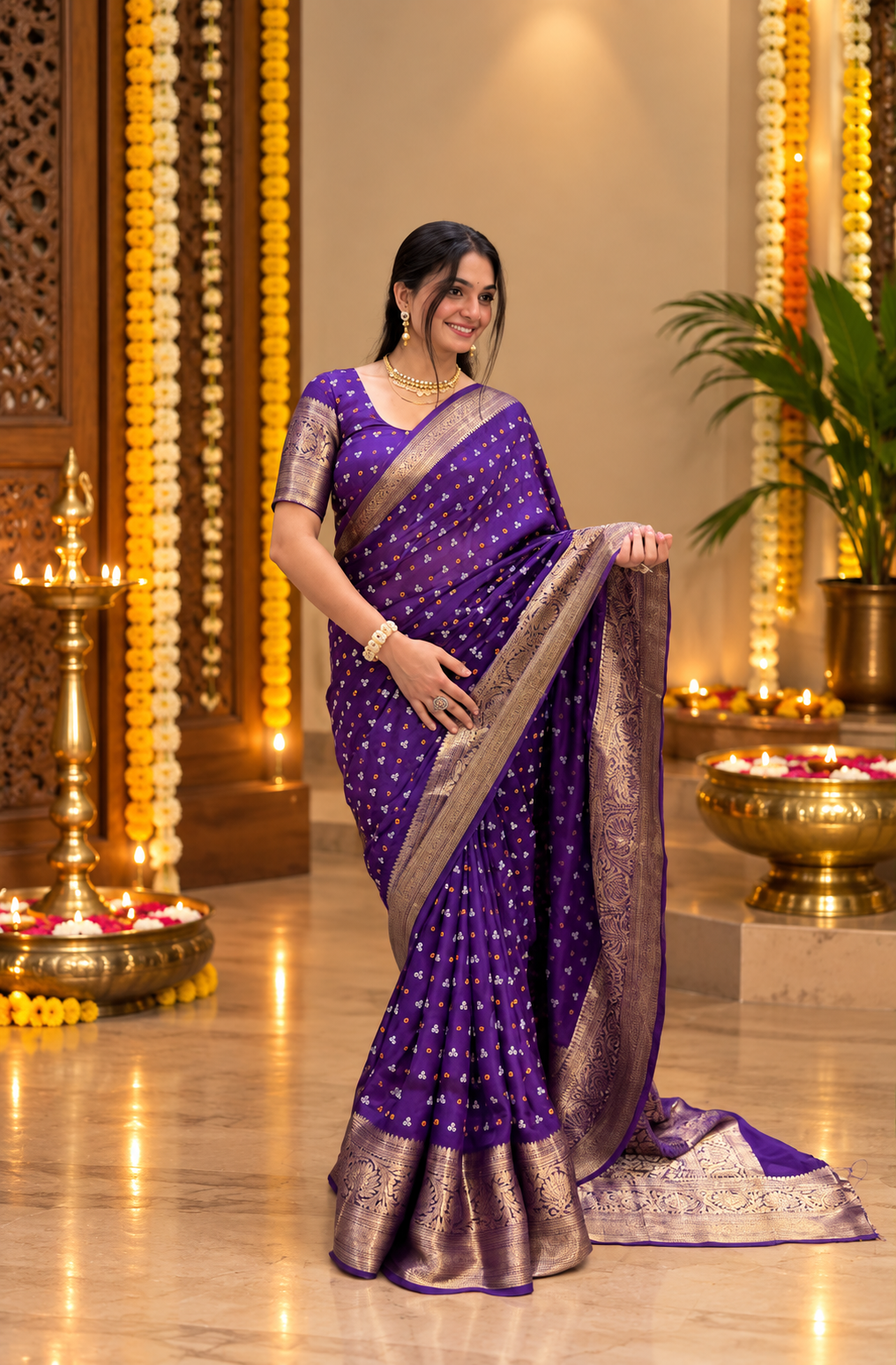 New Kanjivaram Bandhani Teen Dani Saree image 4