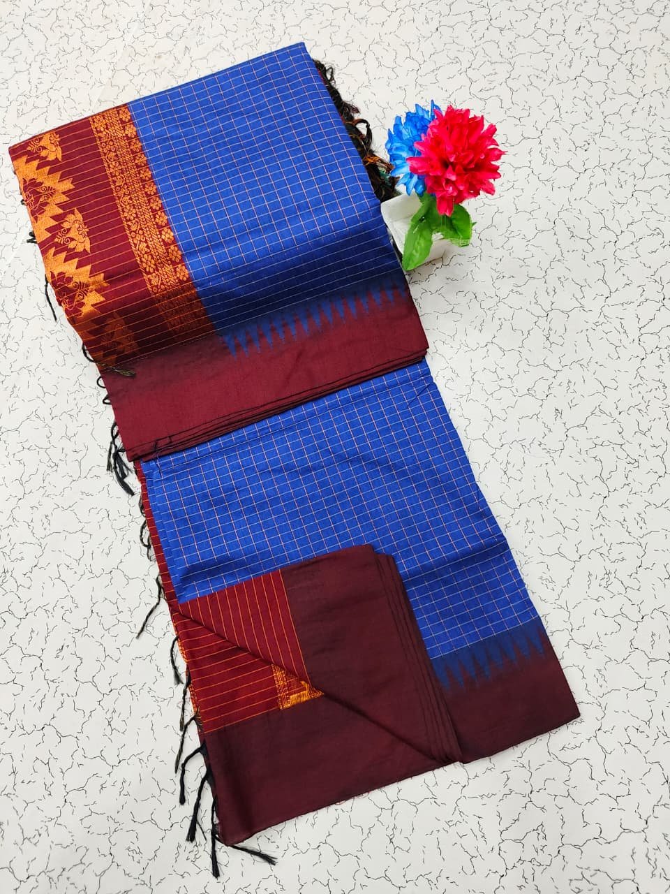 Kalyani Cotton Checks Saree Temple Border