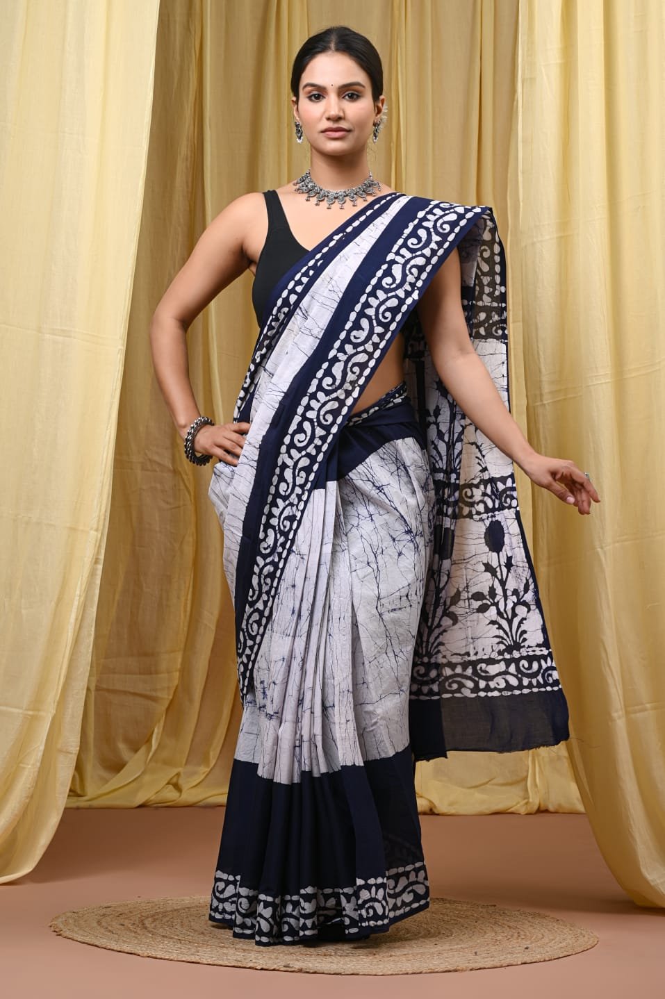 Hand Block Printed Cotton Mul Sarees Black and White image 14