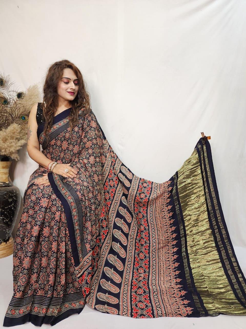 2 Pure Gajji Modal Ajrakh Saree with Lagdi patta