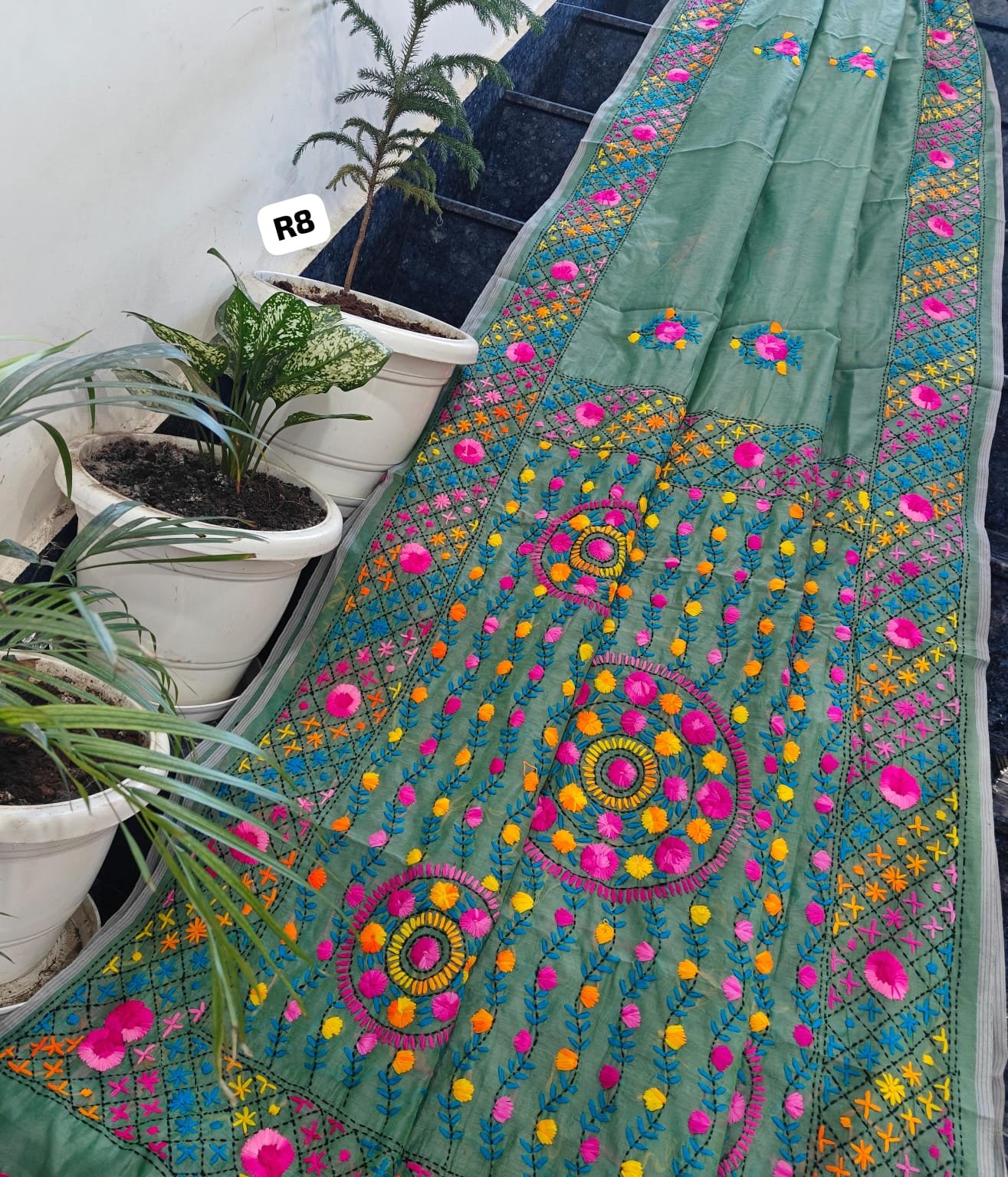 4 Linen Chanderi Saree Fulkari work image 7