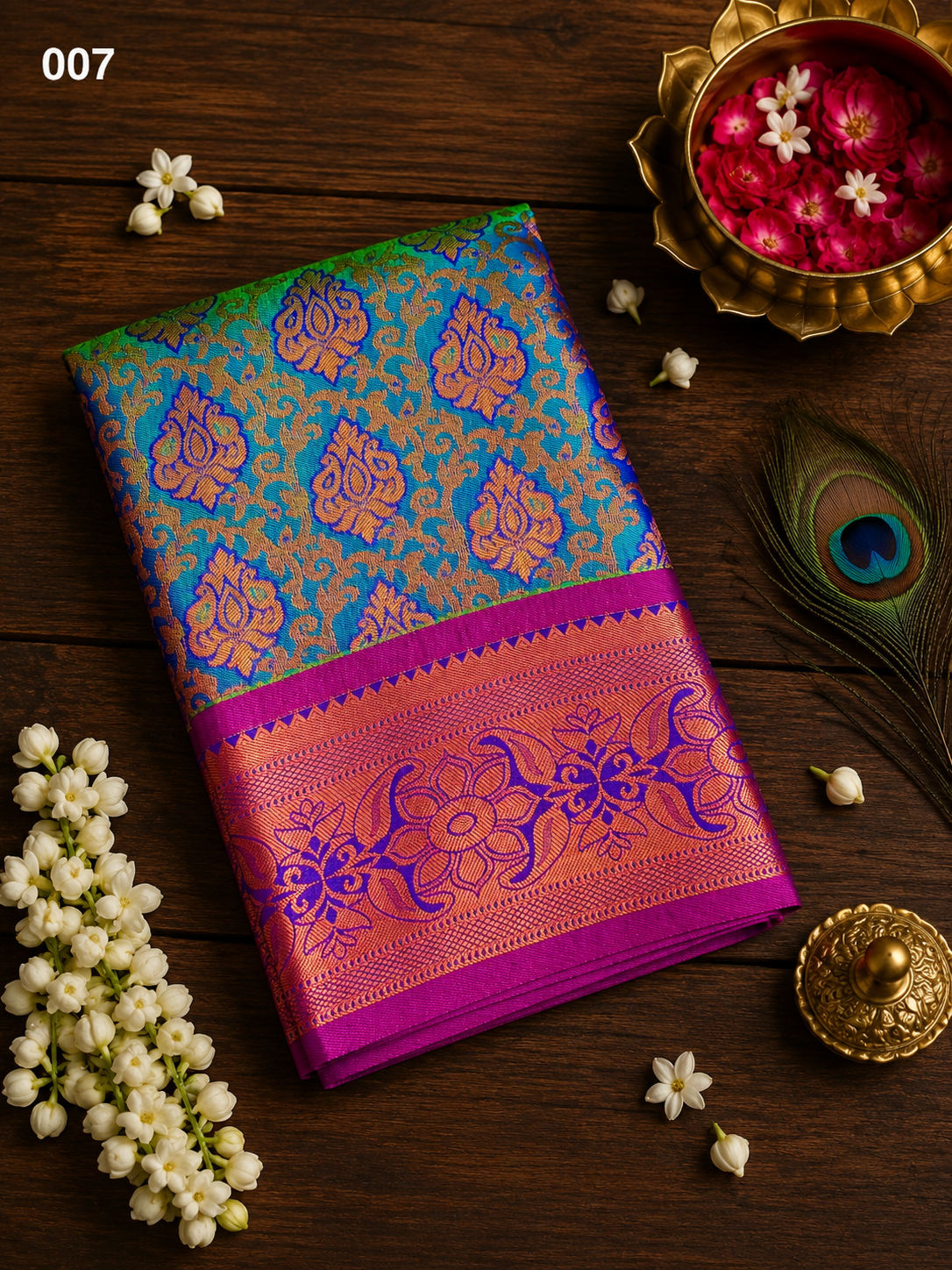 Peacock Tone Semi Silk Sarees image 5