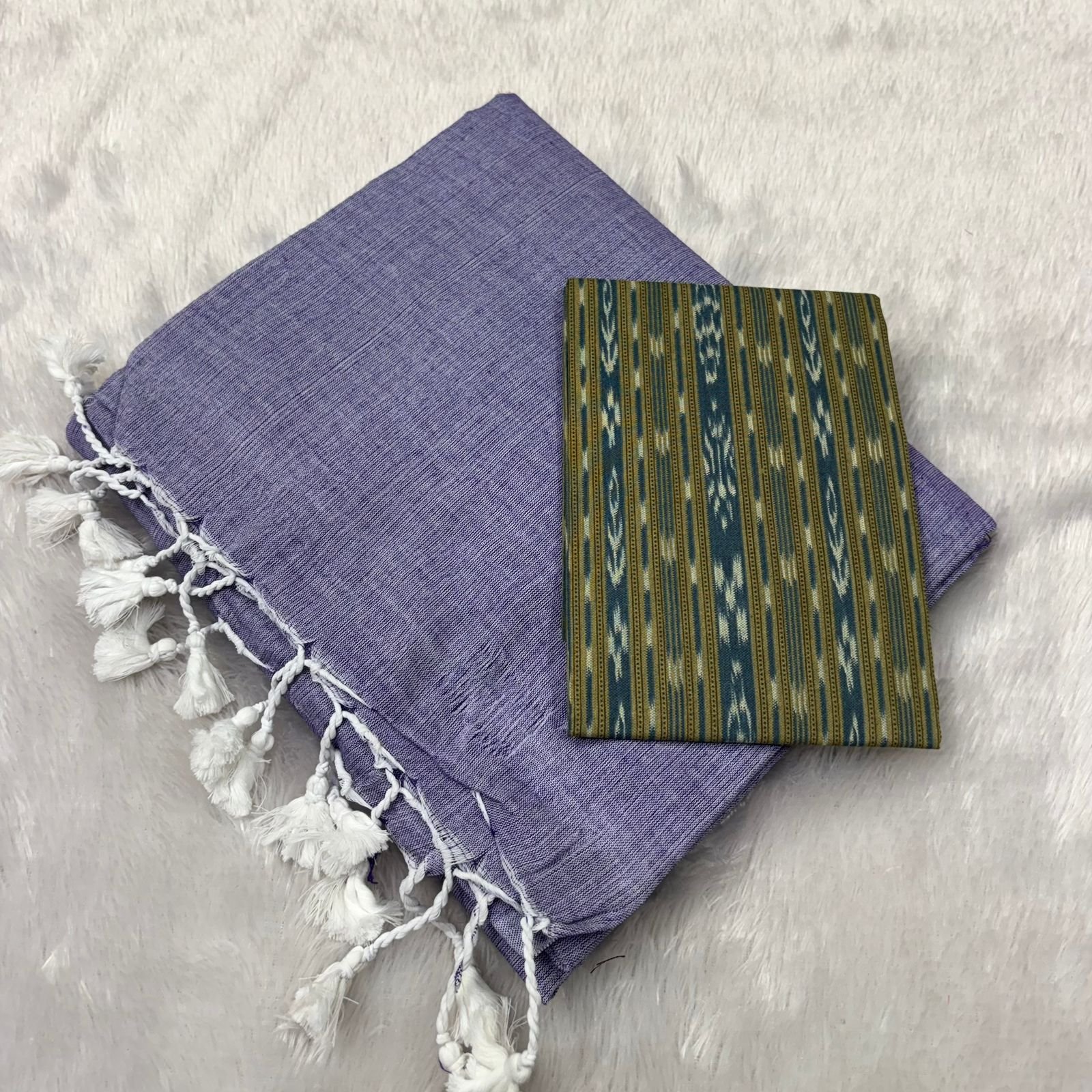 Soft Cotton Plain Saree with Ikkat Blouse Piece image 2