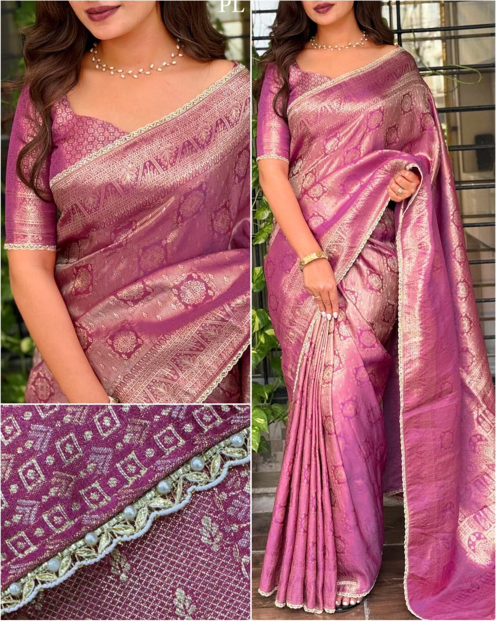 Satin Jacquard Silk Saree with Pearl Border image 7