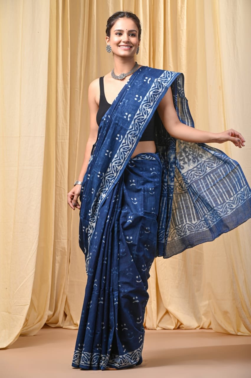 Hand Block Printed Cotton Mul Sarees Indigo Blue image 18