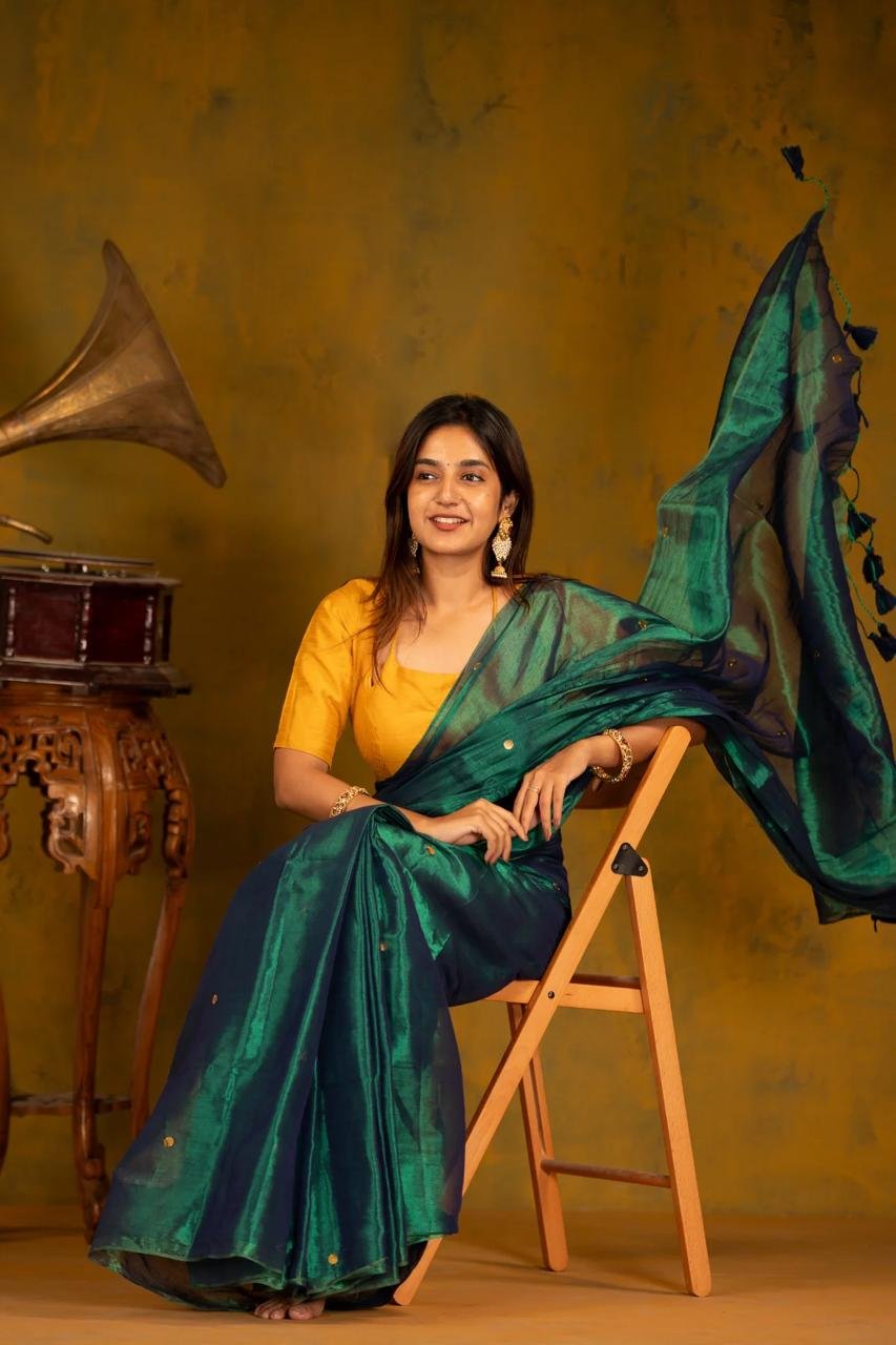 Dual Tone Khadi Tissue Gini work Sarees image 3
