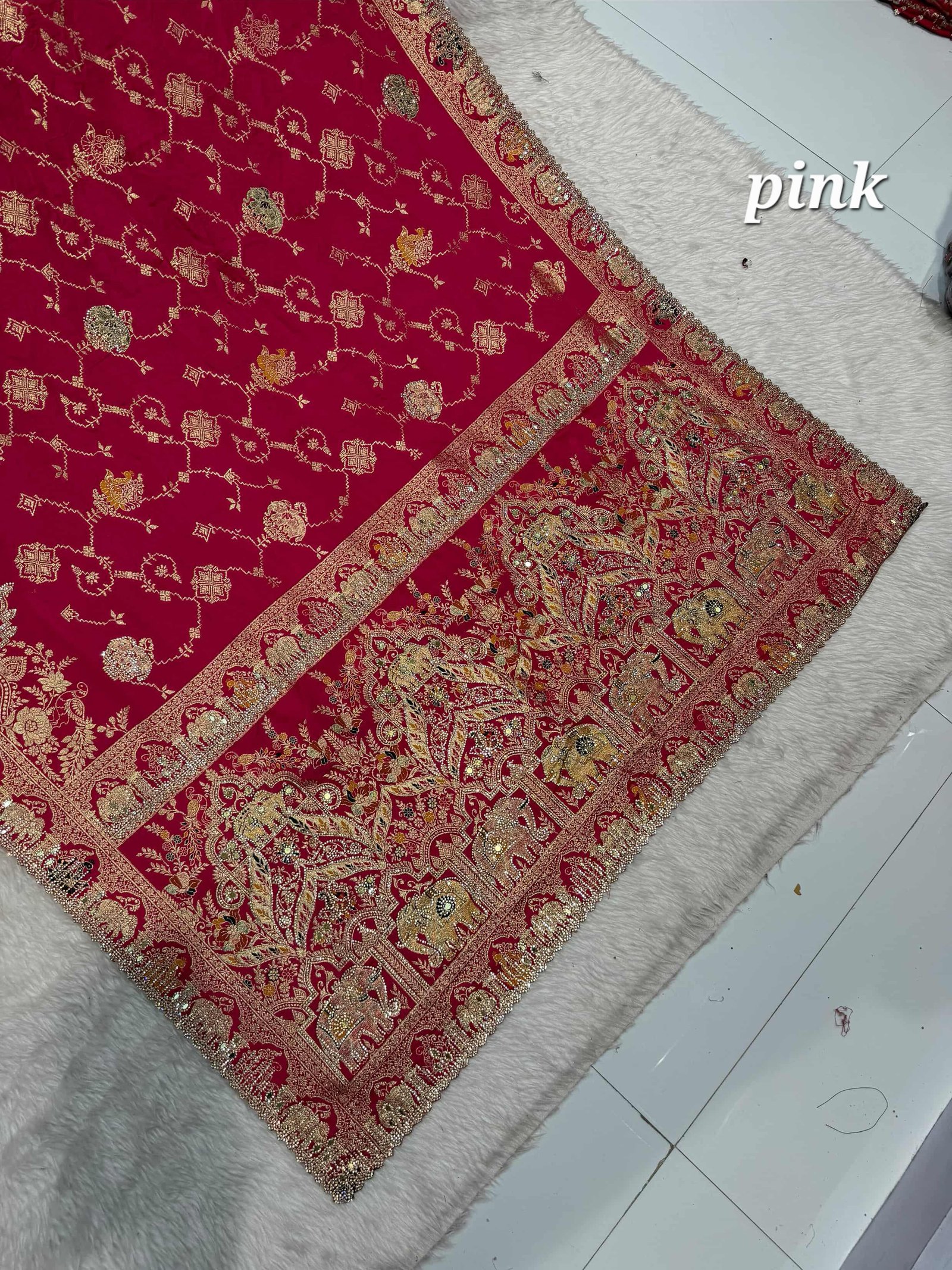 Wedding katan silk saree with jarkan work