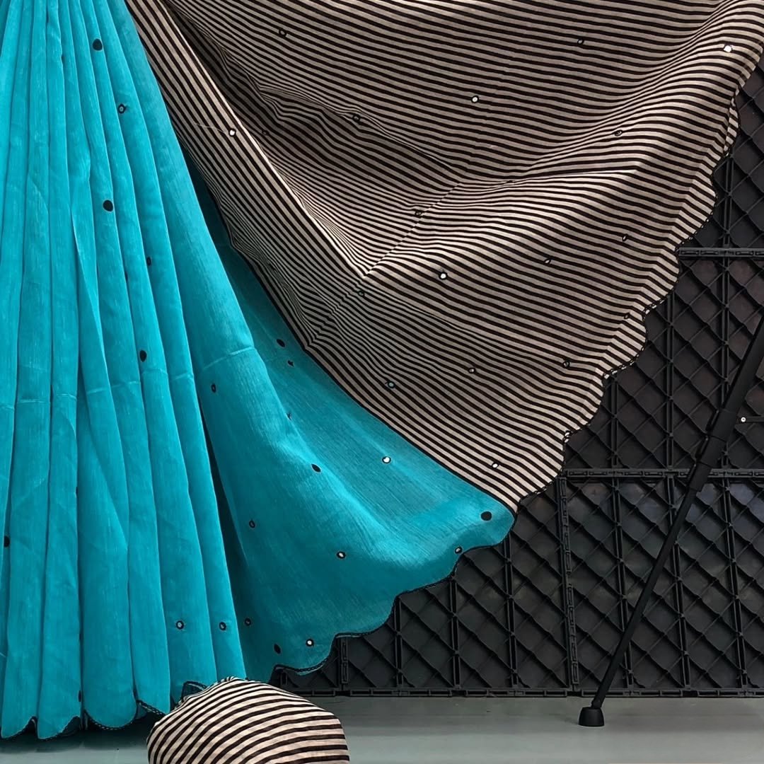 Linen Saree with Striped Pallu and Mirror Work Sarees image 16