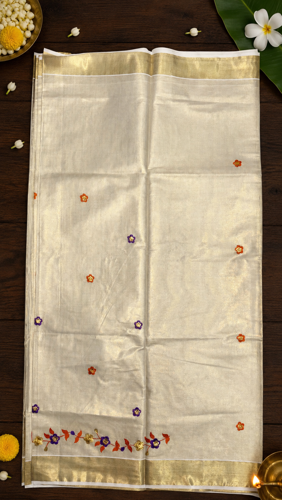 Flower Embroidery Tissue Kasavu Saree image 2