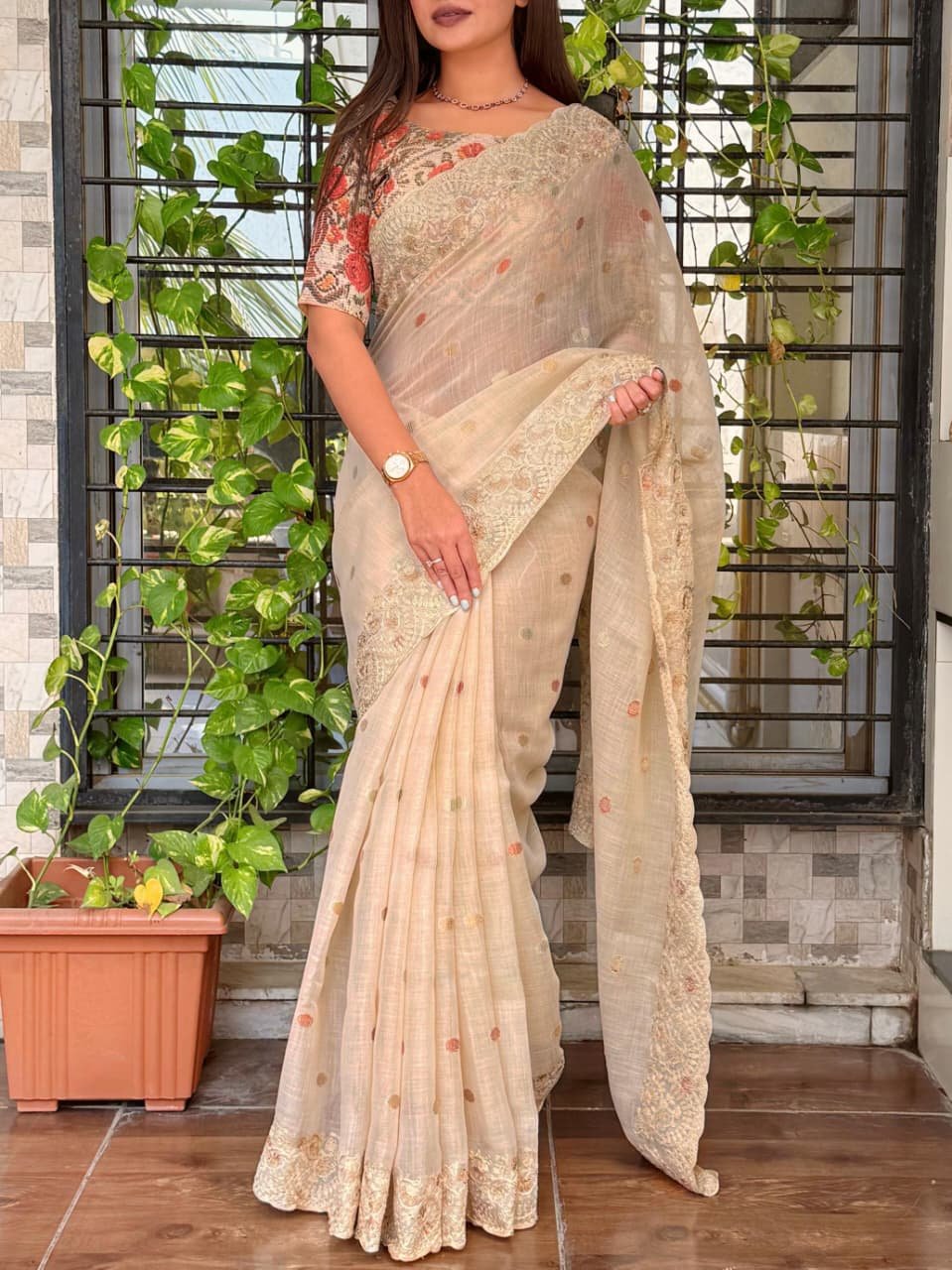 Linen Cotton Silk Saree with Digital Print Blouse image 12