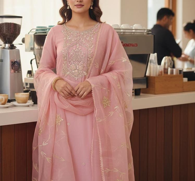 Pastel Organza Zardogi Handwork Dress Material