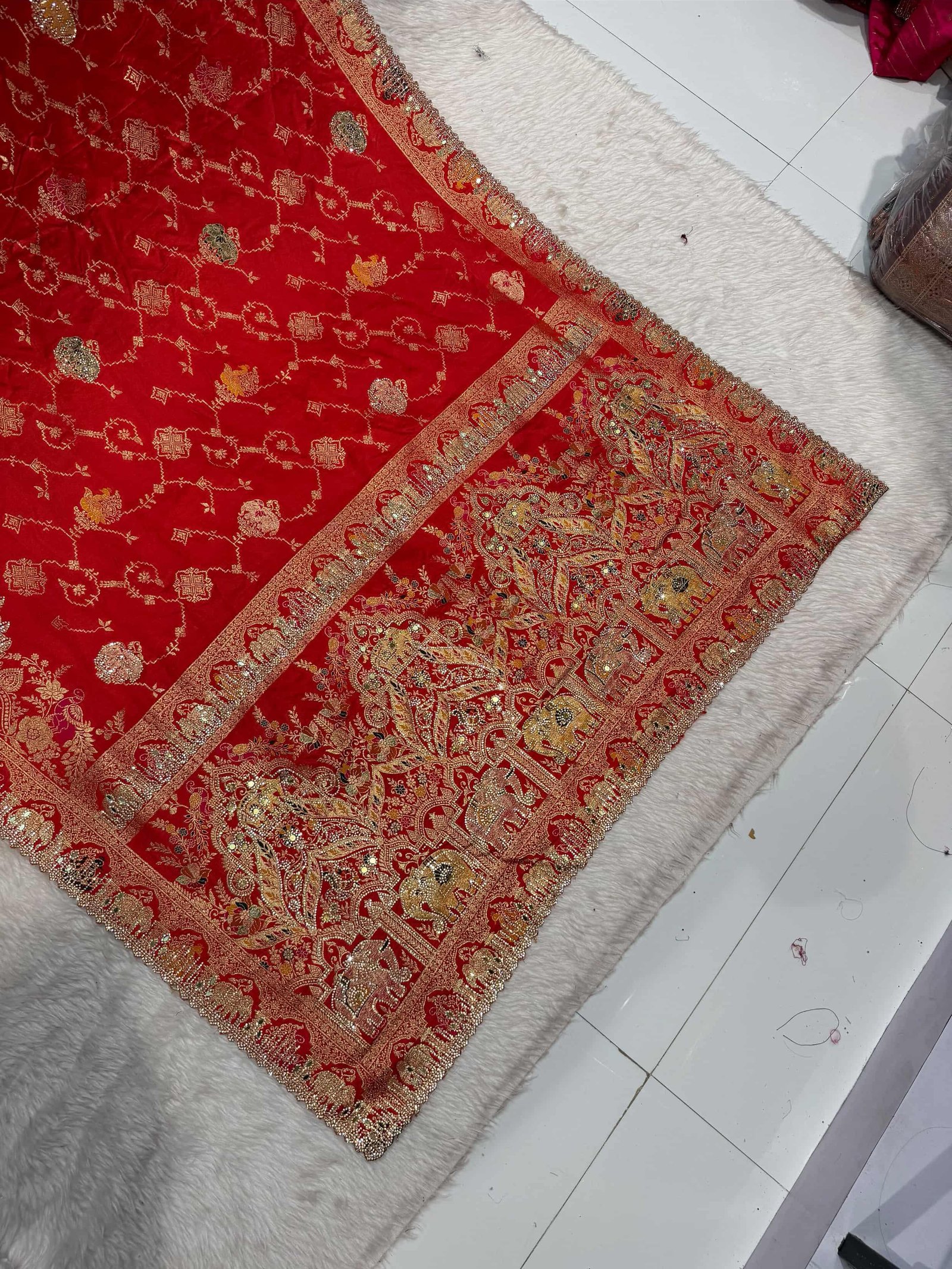 Wedding katan silk saree with jarkan work image 5
