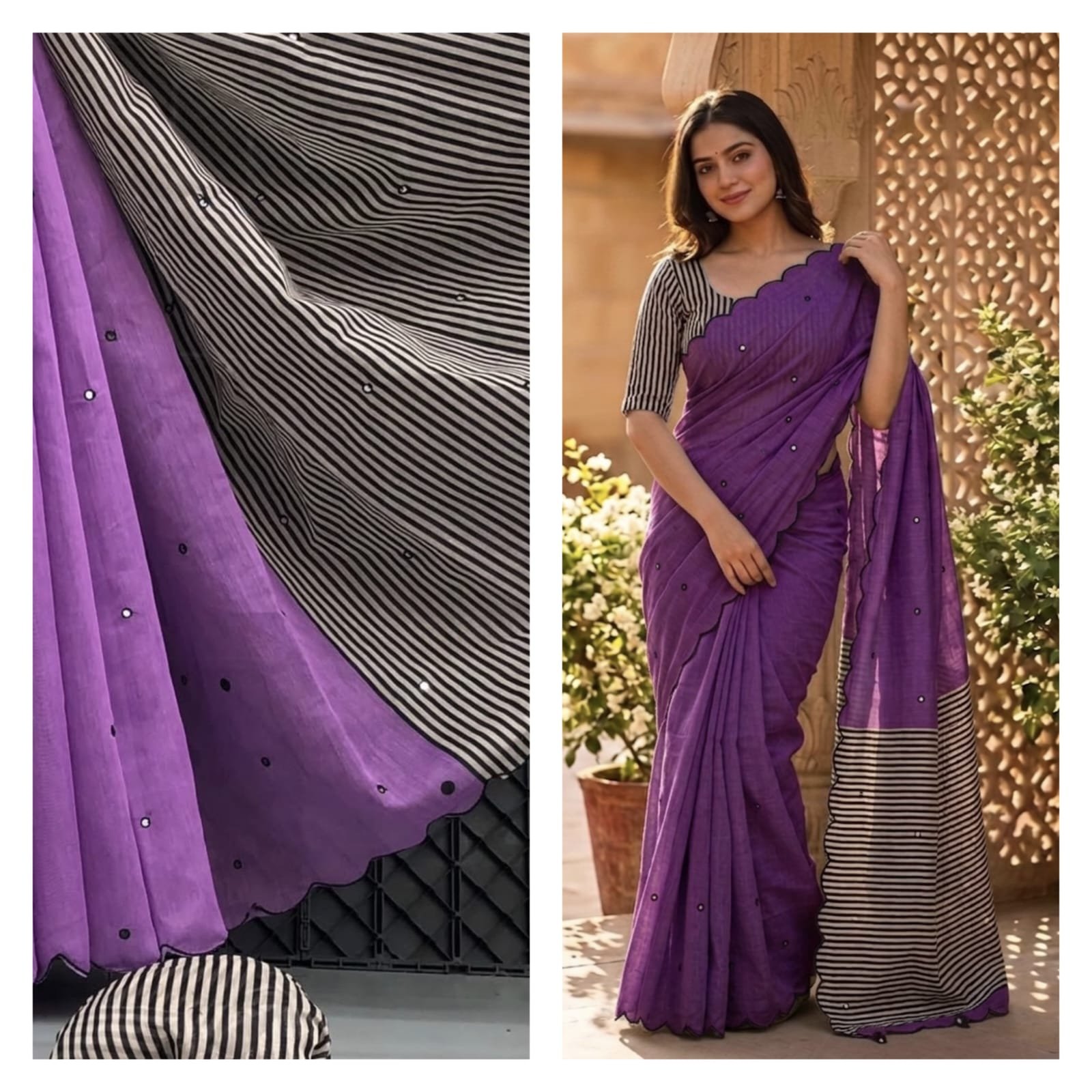 Linen Saree with Striped Pallu and Mirror Work Sarees image 9