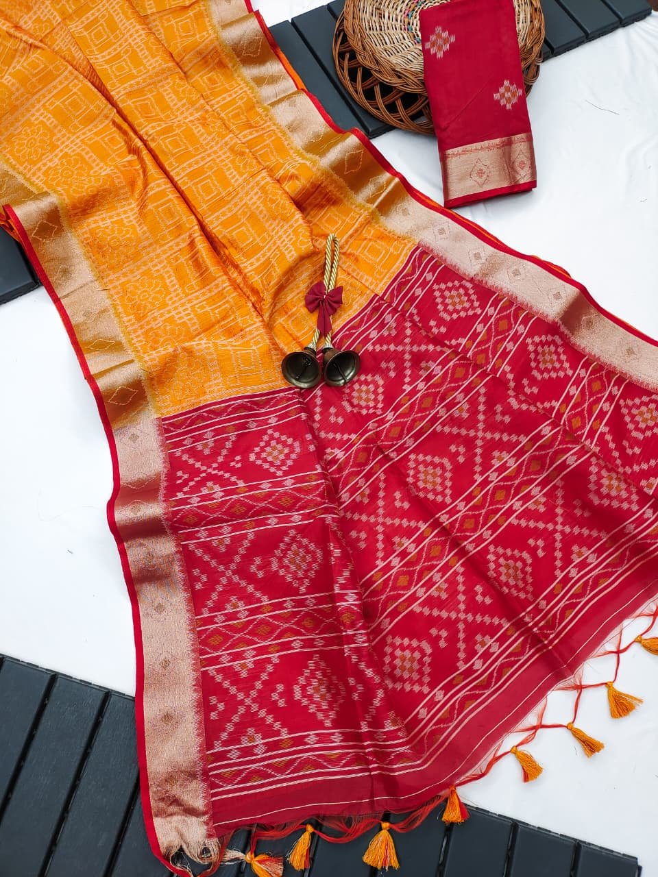 Soft Desi Raw Silk Saree With Ikkat Pallu image 8