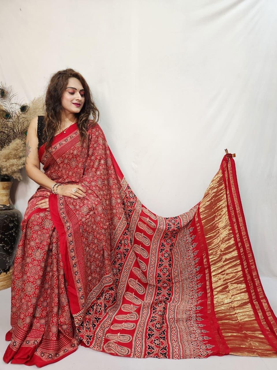 6 Pure Gajji Modal Ajrakh Saree with Lagdi patta