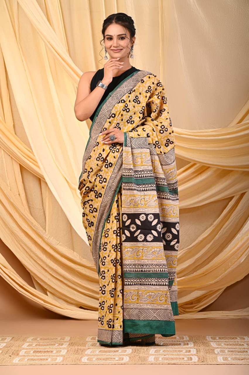 Hand block printed cotton mul Sarees Pastel image 13