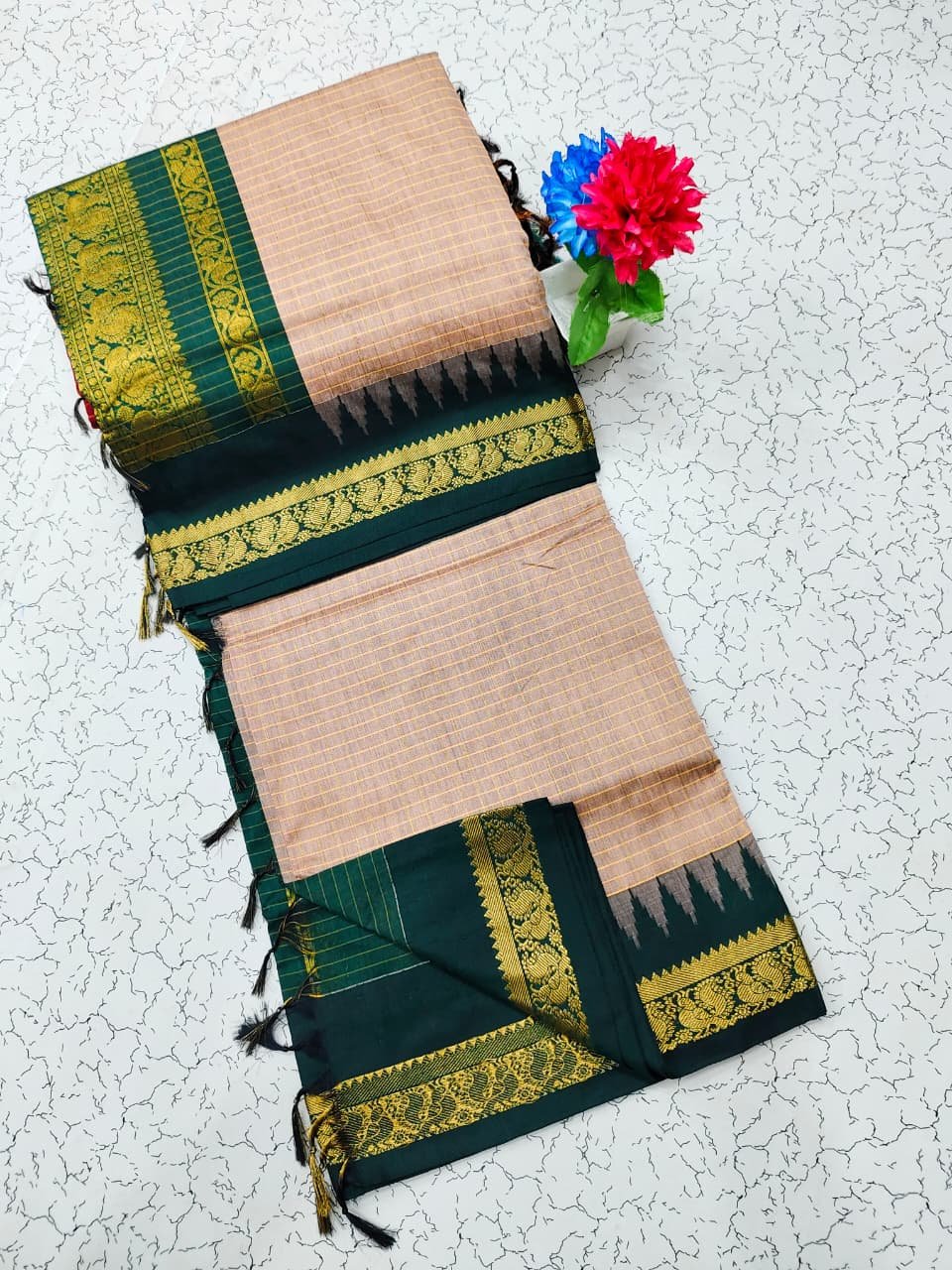 Kalyani Cotton Checks Saree Temple Border image 2