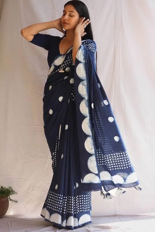 Hand Block Printed Cotton Mul Sarees Indigo Blue image 19