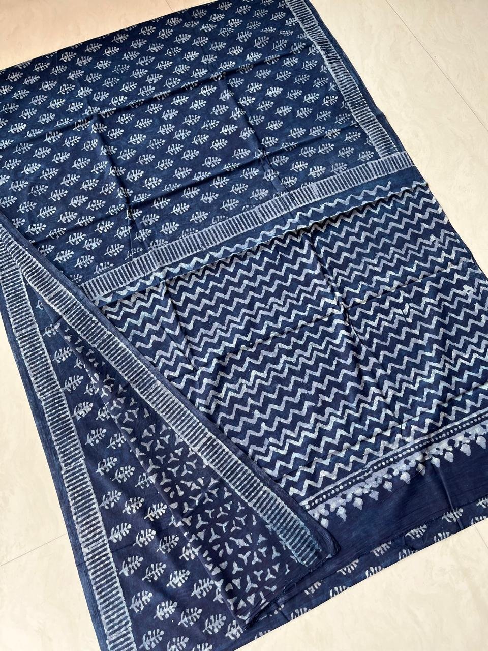 Hand Block Printed Cotton Mul Sarees Indigo Blue image 22