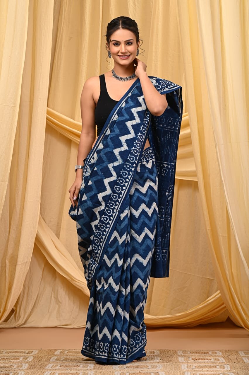 Hand Block Printed Cotton Mul Sarees Indigo Blue image 17