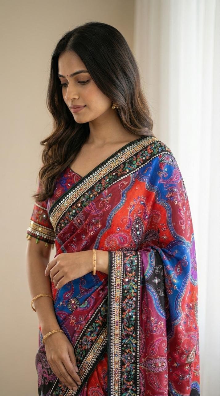 1 Roman Silk With Digital Print And All Saree Real Mirror Work