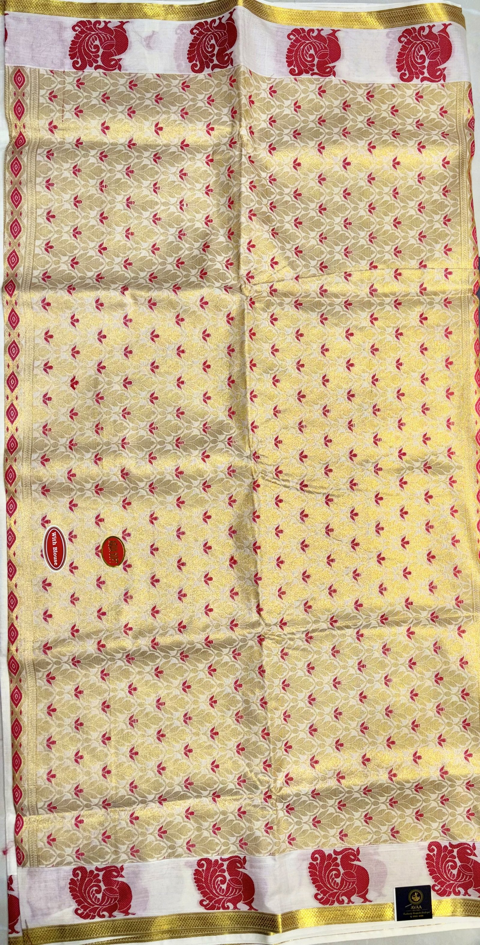 Kerala Kasavu Saree Aqua Soft Red image 5
