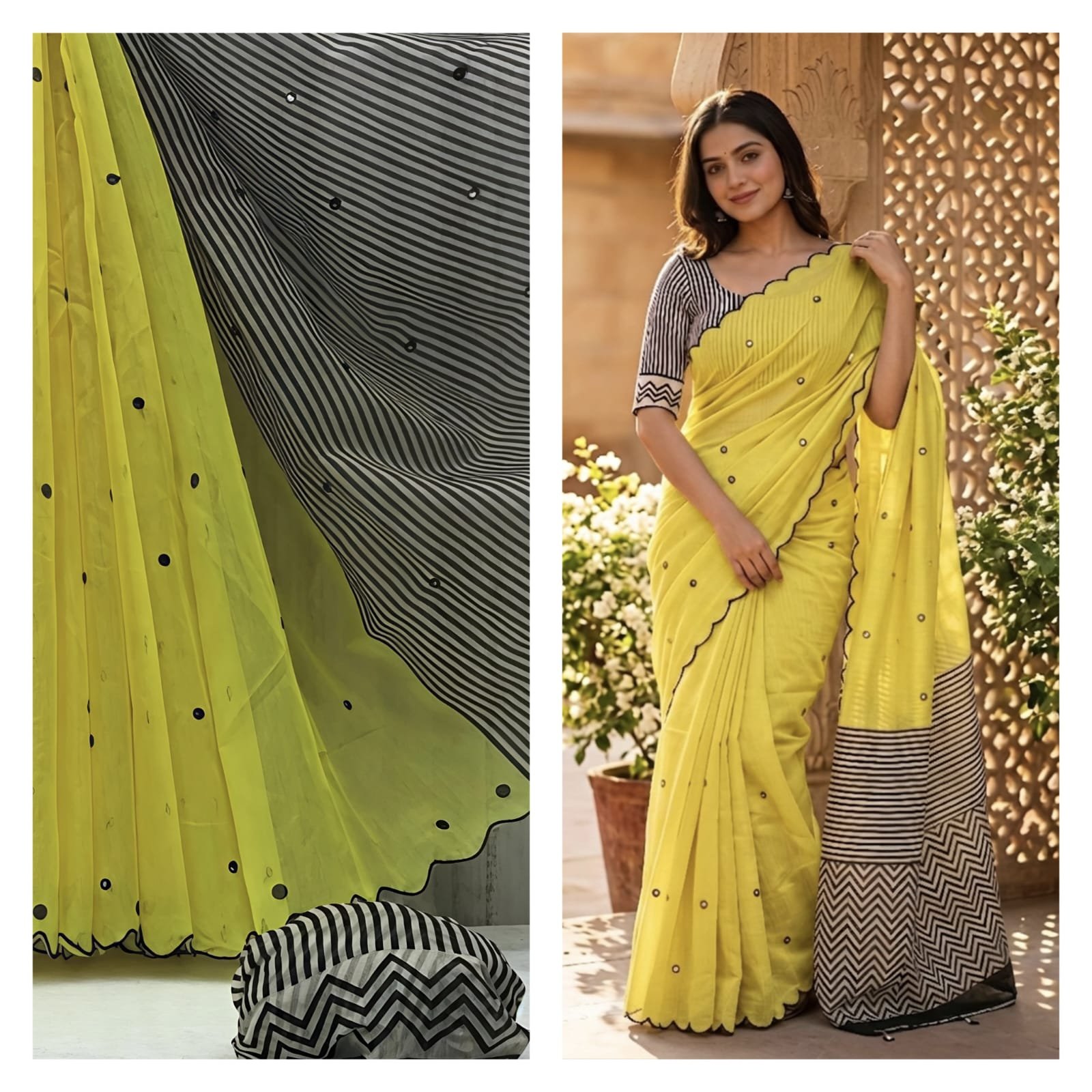 Linen Saree with Striped Pallu and Mirror Work Sarees image 19