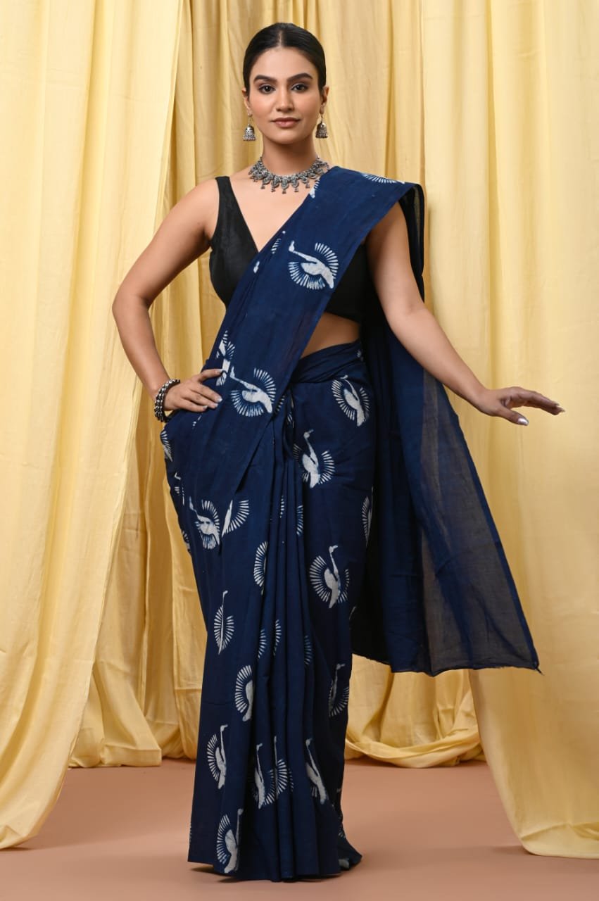 Hand Block Printed Cotton Mul Sarees Indigo Blue image 5