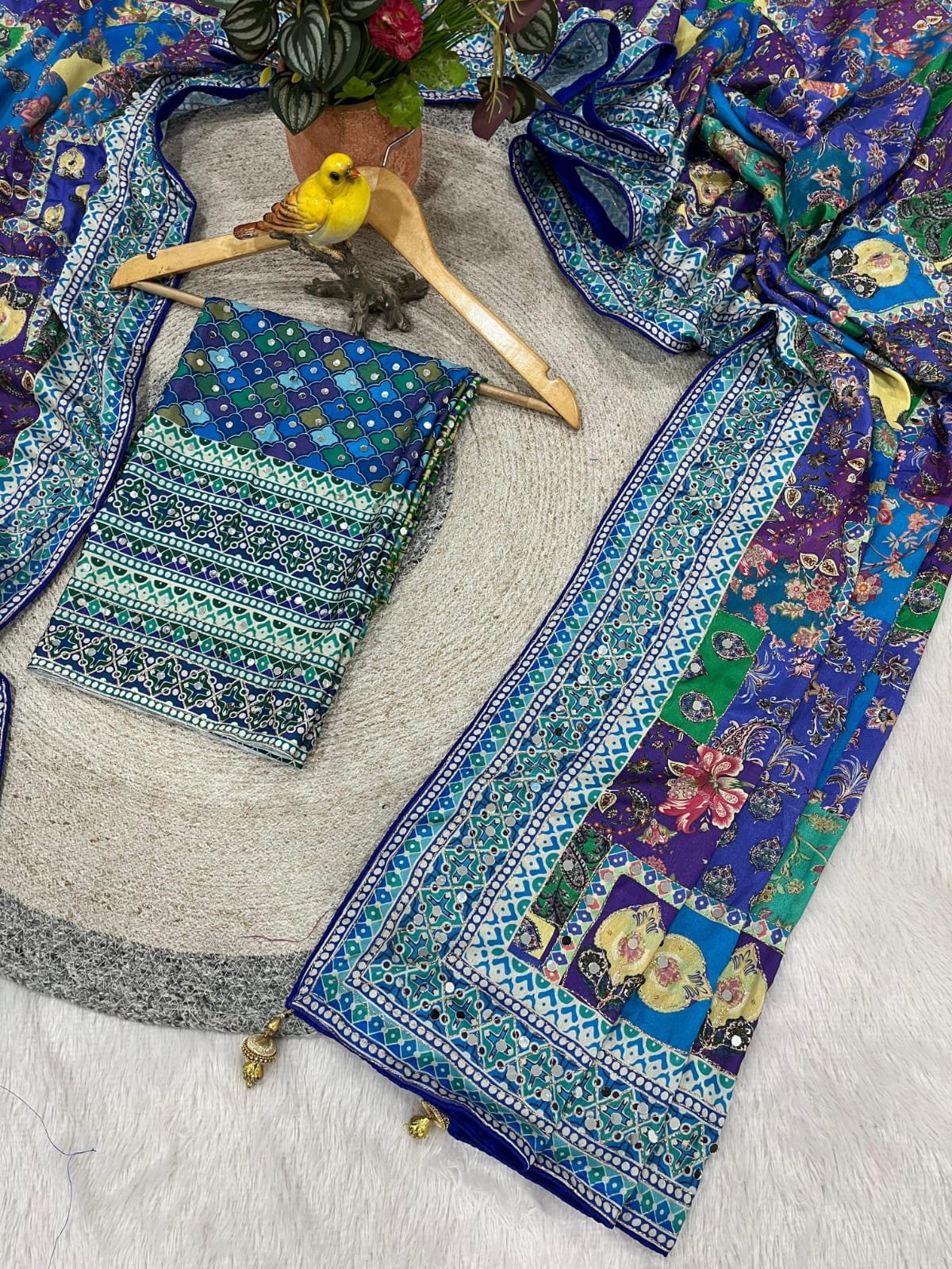 Designer Kalamkari Printed Saree with Real Mirror with Hand Embroidery Work image 9