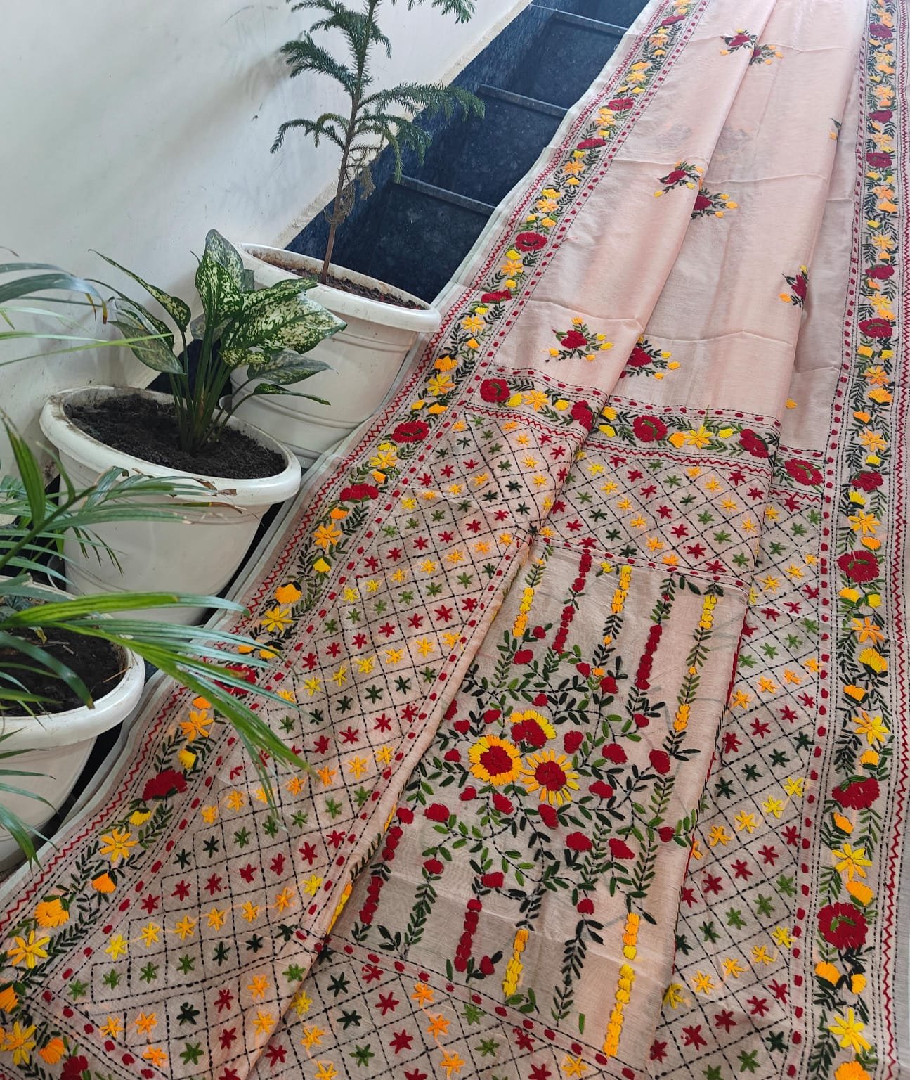 3 Linen Chanderi Saree Fulkari work image 6