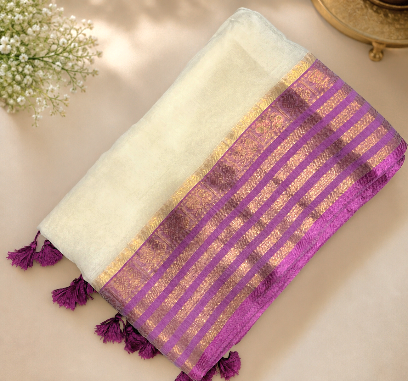 Mul Cotton Saree Lavender Border