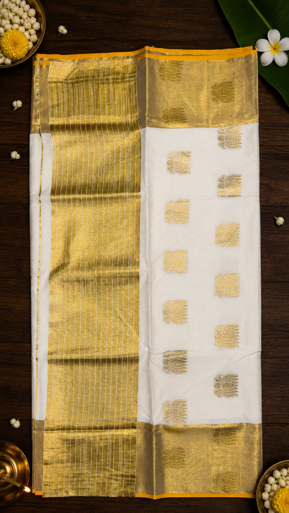 Cotton Kasavu Saree with Lotus Design image 2