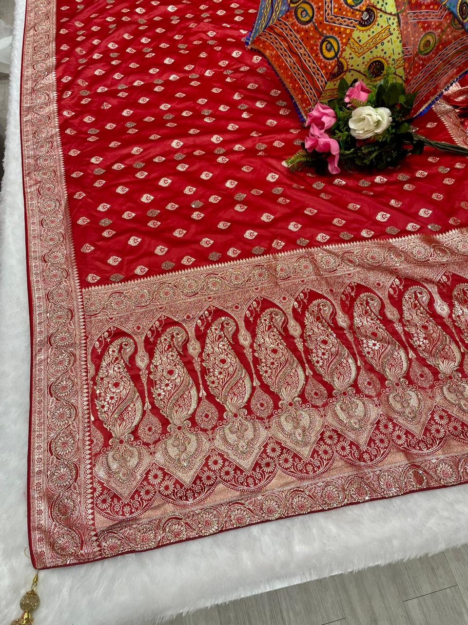 Bridal Satin Silk Saree With Stone Work And Dupatta image 4