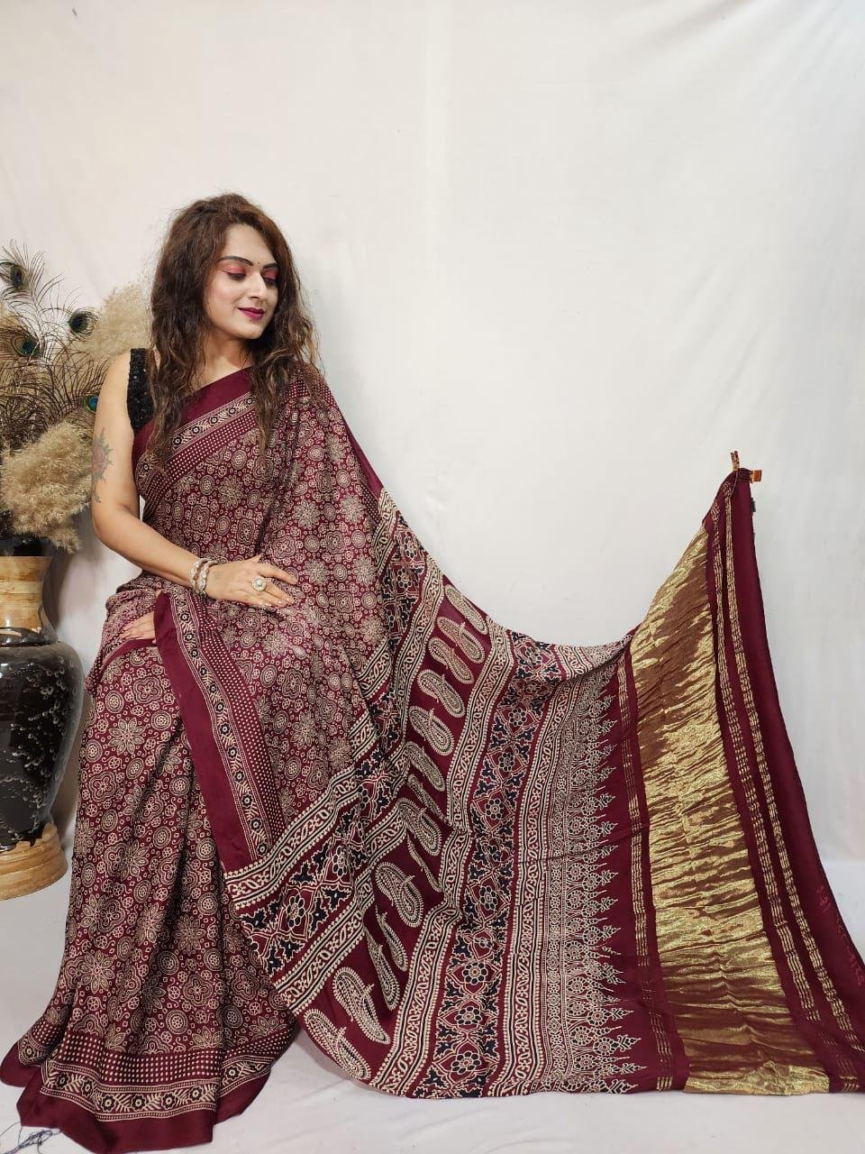 5 Pure Gajji Modal Ajrakh Saree with Lagdi patta