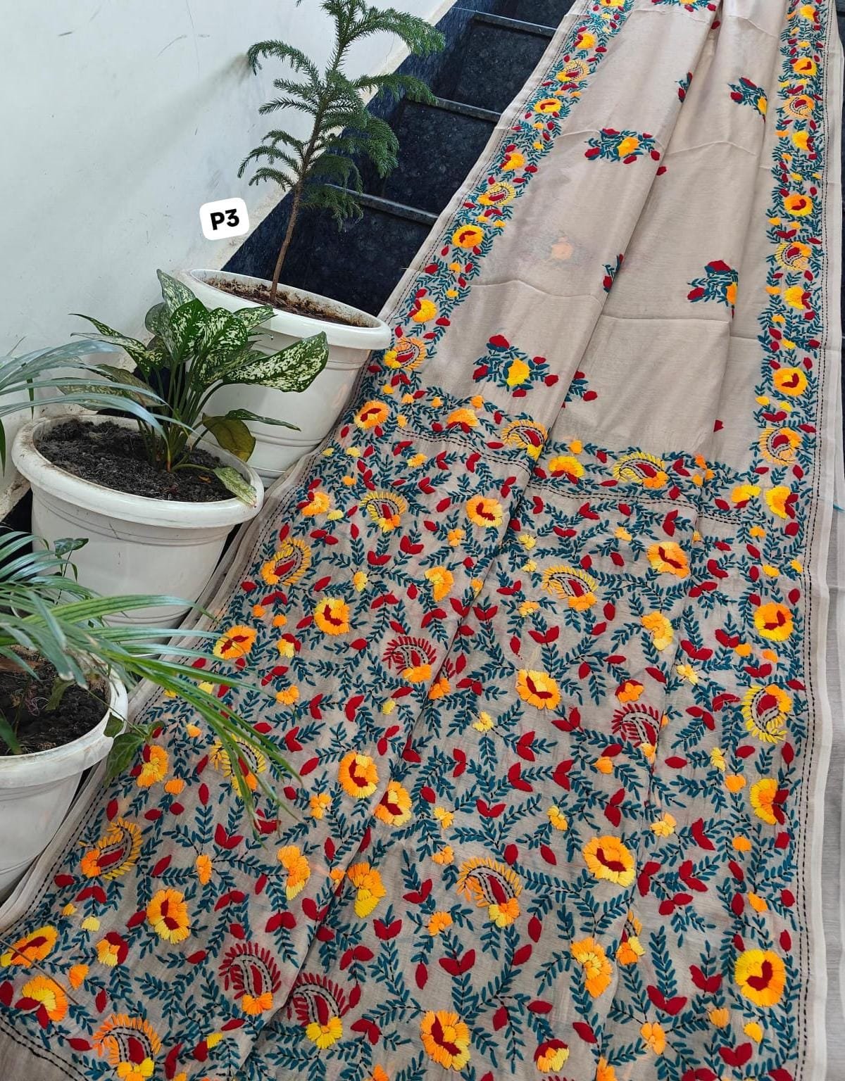 4 Linen Chanderi Saree Fulkari work image 9