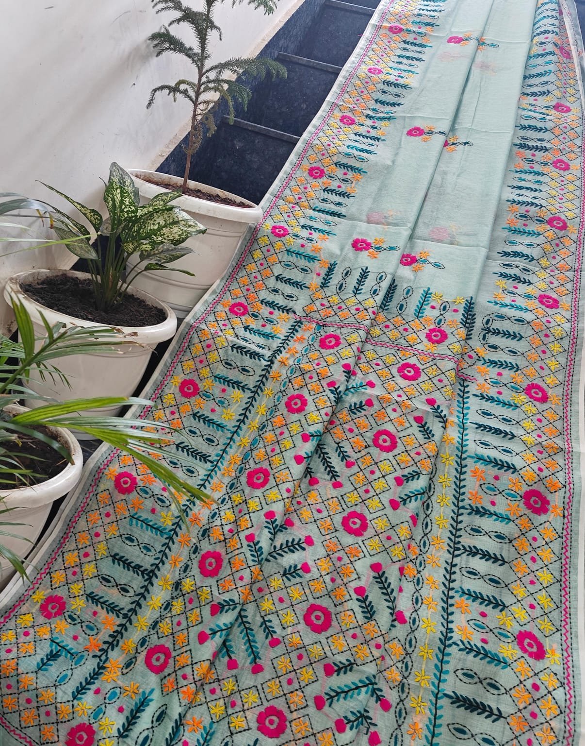 3 Linen Chanderi Saree Fulkari work image 3