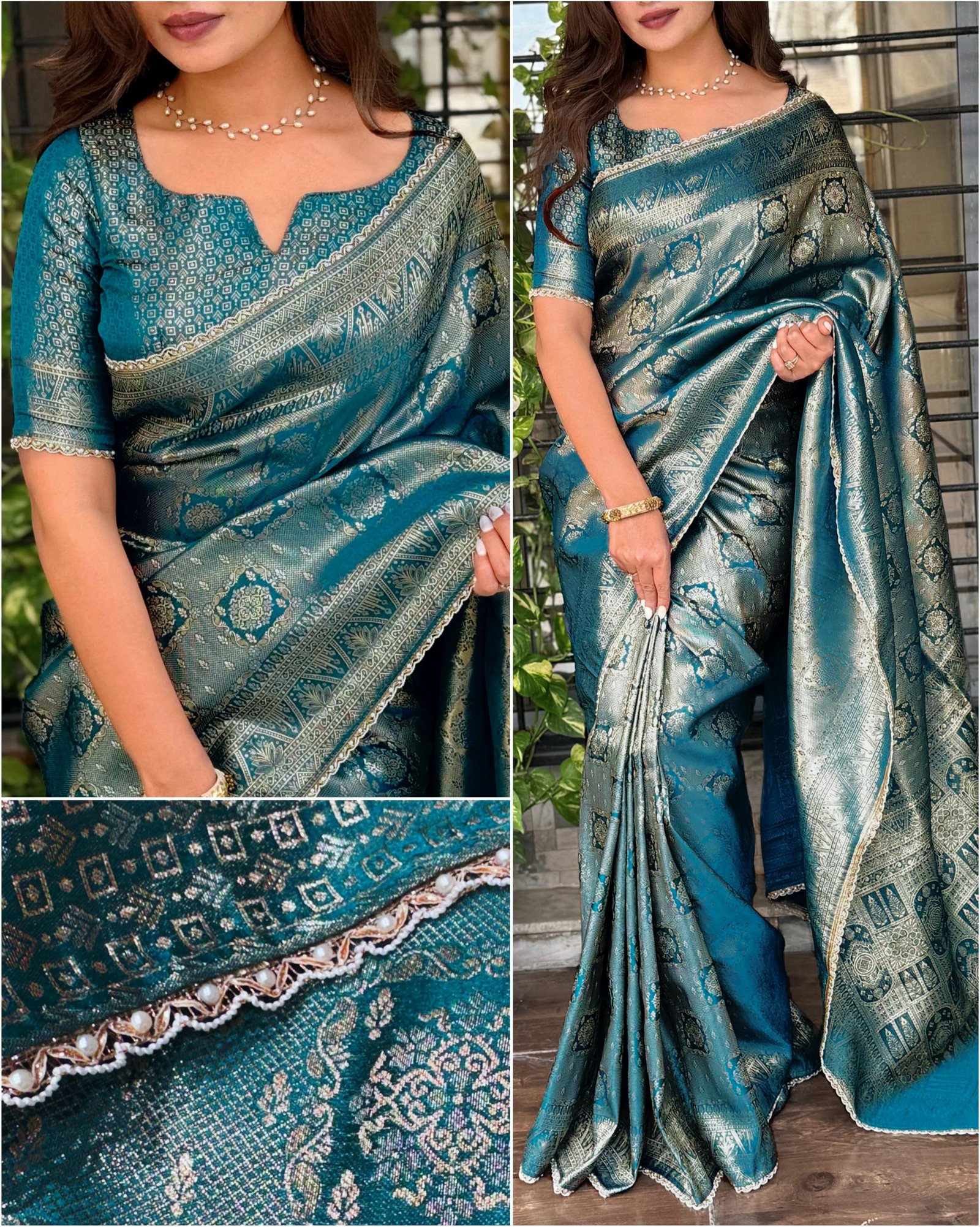 Satin Jacquard Silk Saree with Pearl Border image 3