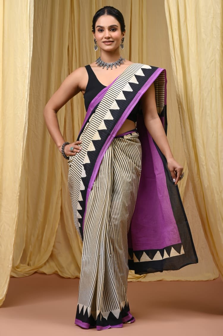 Hand Block Printed Cotton Mul Sarees Black and White image 12