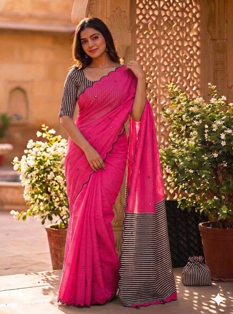 Linen Saree with Striped Pallu and Mirror Work Sarees image 12