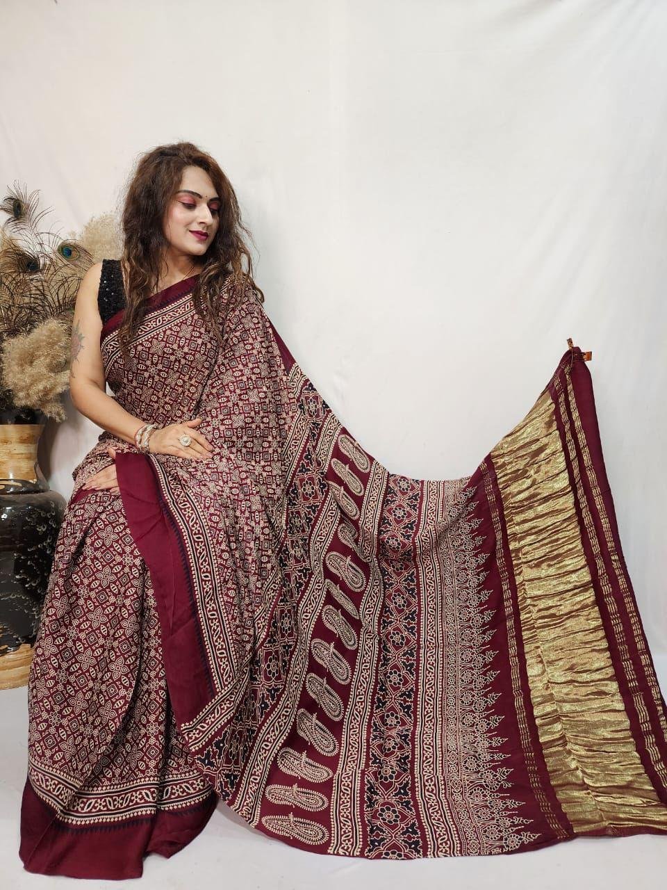 8 Pure Gajji Modal Ajrakh Saree with Lagdi patta