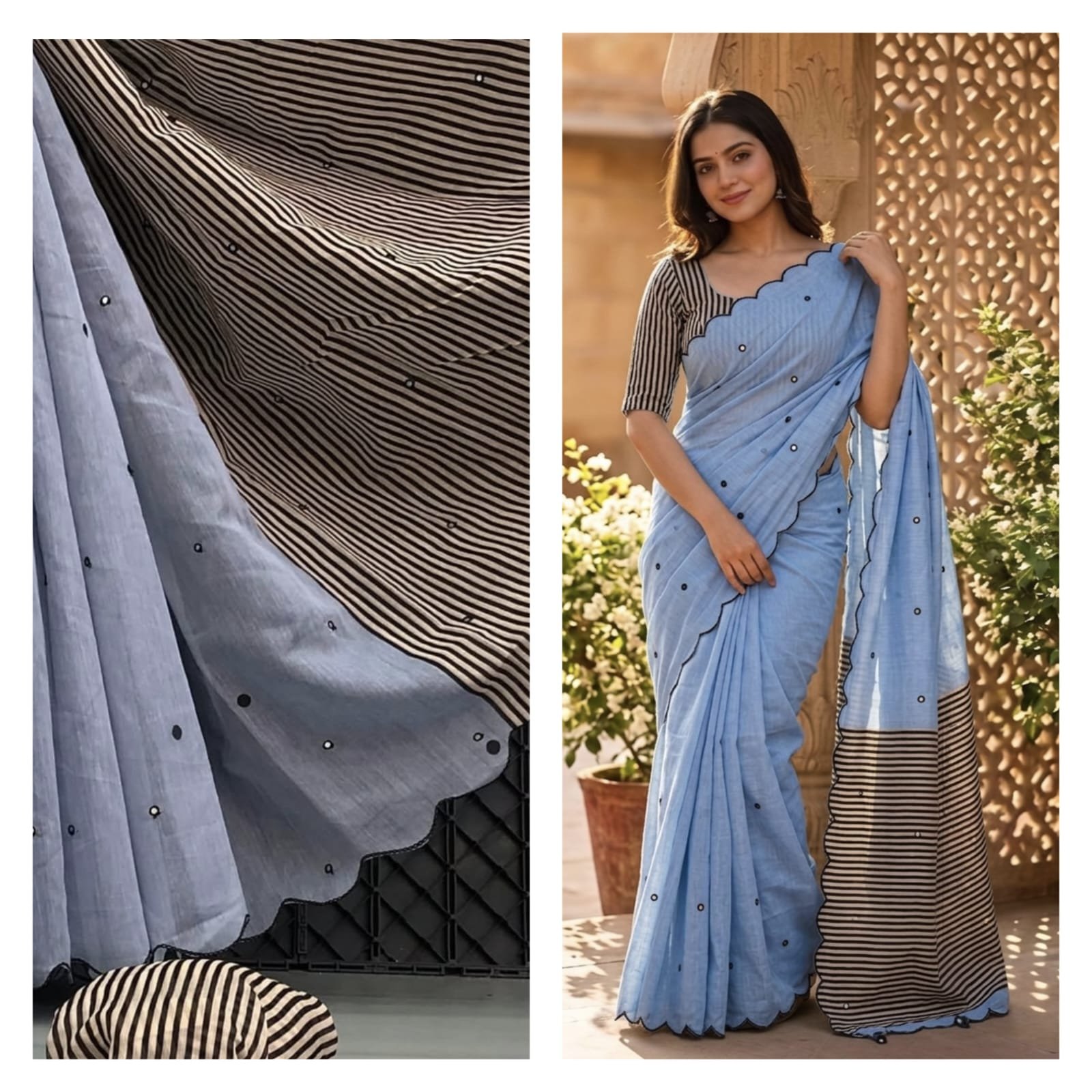 Linen Saree with Striped Pallu and Mirror Work Sarees